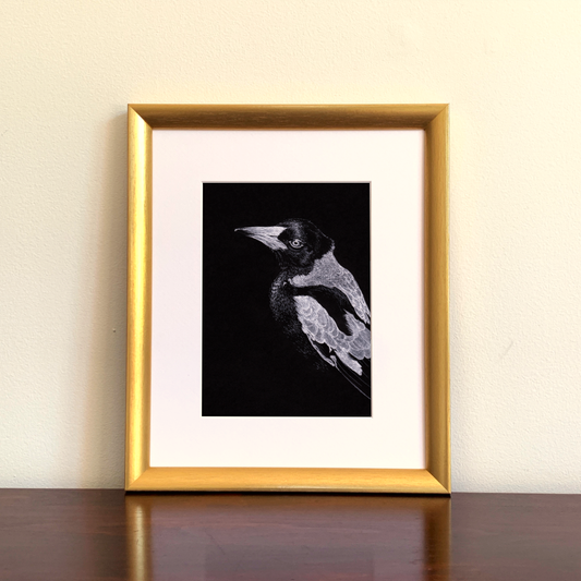 Framed artwork of a black and white magpie bird on a beige wall.