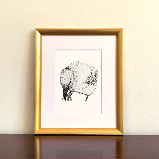 Framed black and white illustration of a crow bird on a beige wall.