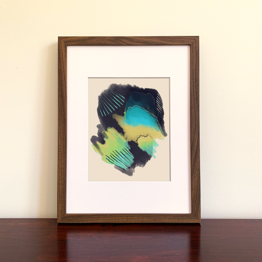 Framed abstract art print with blue and green colors on a beige background.