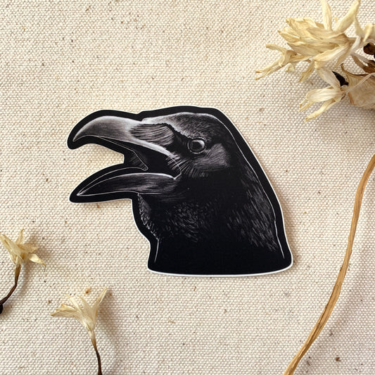 Black raven head sticker on a textured beige background with dried flowers.
