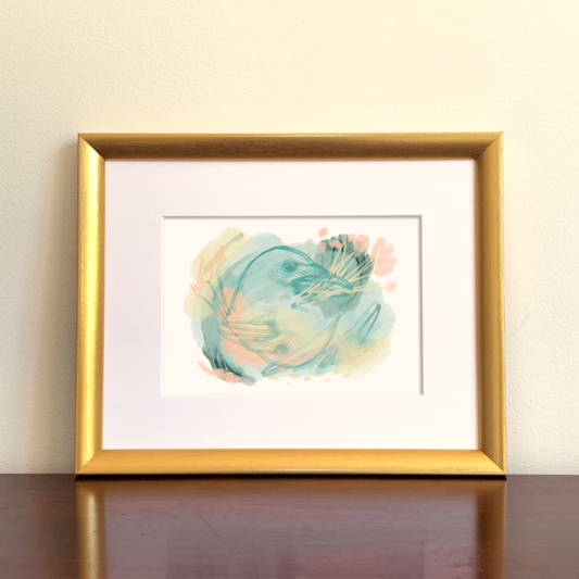 Framed artwork with abstract crow design on a white background.