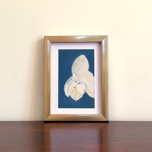 Framed artwork of a white orchid on a blue background, leaning against a beige wall.