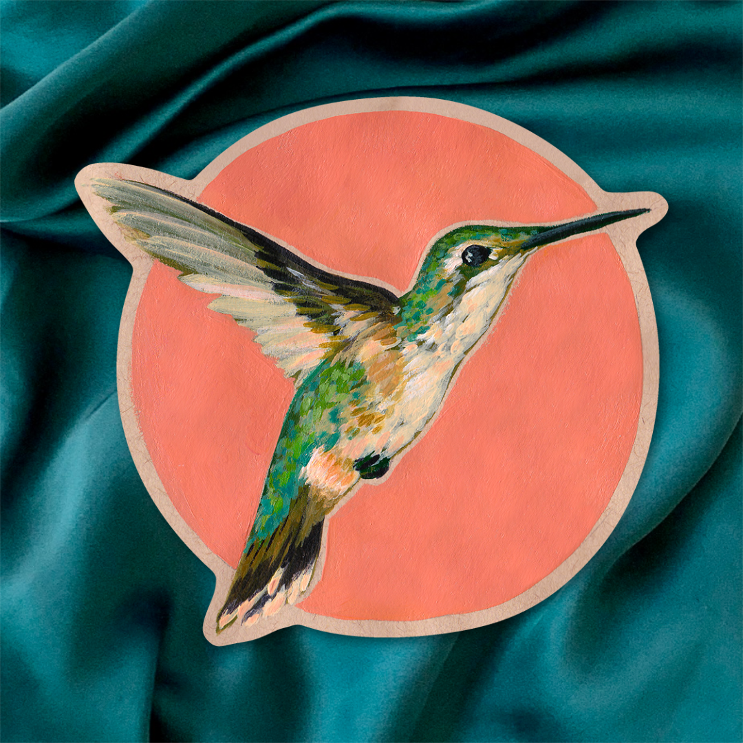 Illustration of a female hummingbird on a pink circle with teal fabric background.