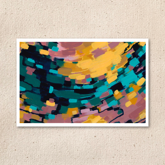 Abstract art print with colorful geometric design on a green background