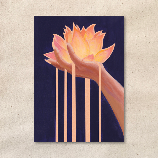 Artistic depiction of a hand holding a lotus flower with rose gold water accents against a dark background.