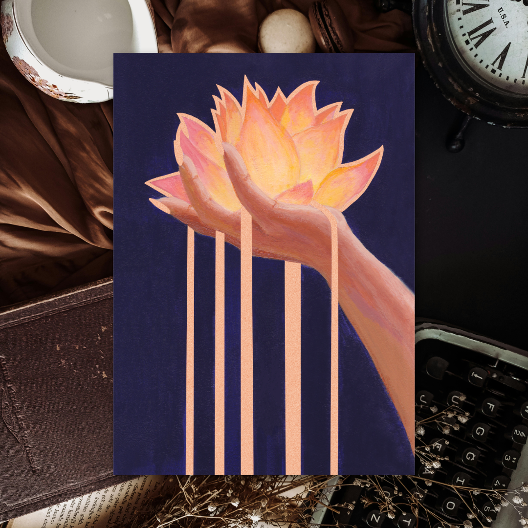 Art print of a hand holding a lotus flower against a dark background. Rose Gold water spills from the hand.