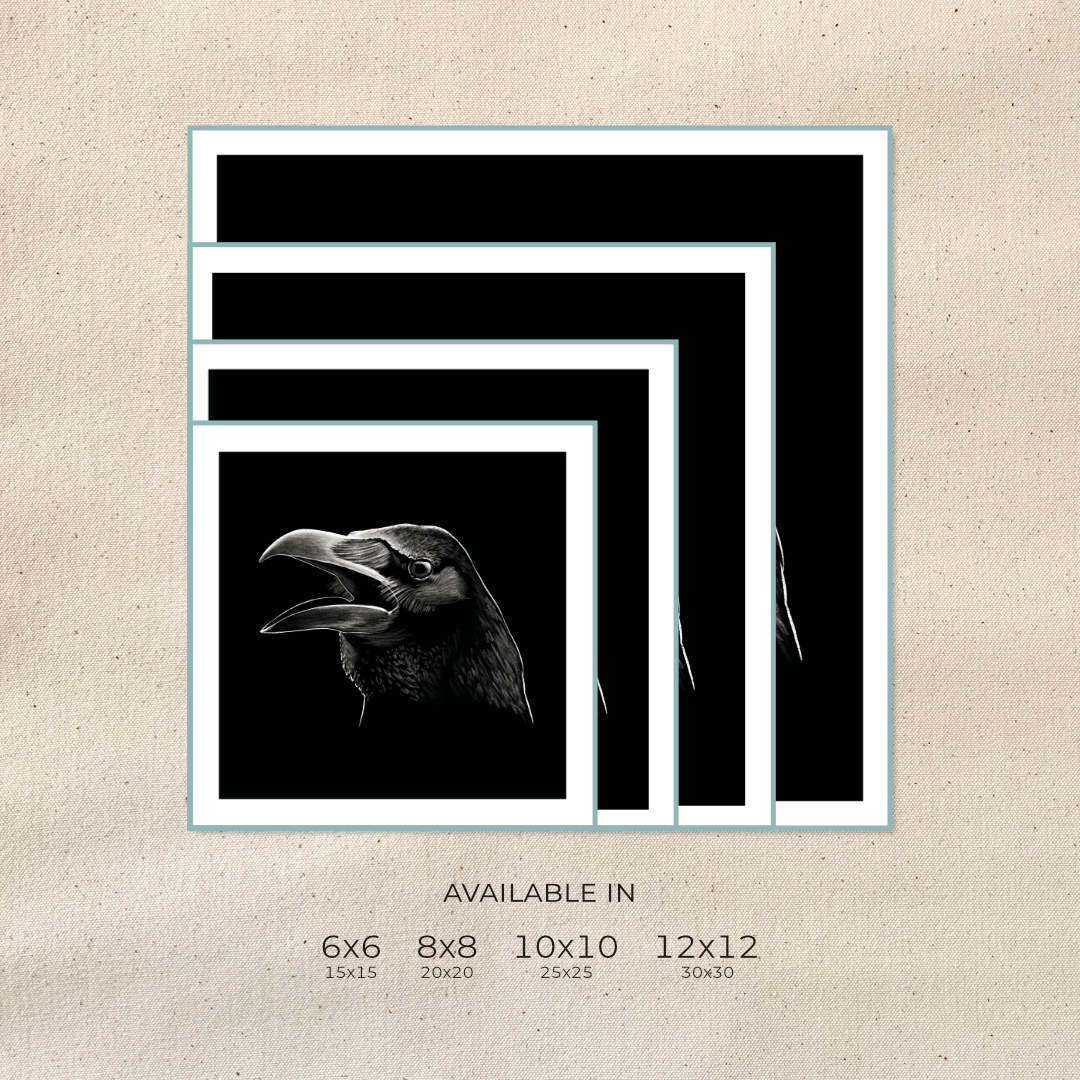 Set of different sized frames with a central black and white image of a raven on a beige background. Text reads: "Available in 6x6 (15x15), 8x8 (20x20), 10x10 (25x25), 12x12 (30x30)."
