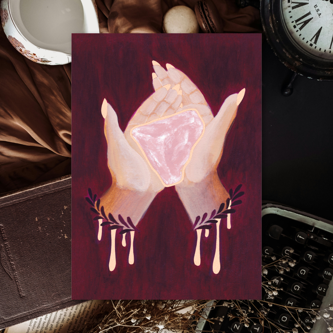 Artistic depiction of hands holding a pink rose quartz crystal on a dark background with vintage items.
