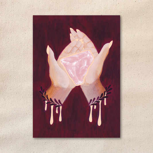 Artistic depiction of hands holding a pink rose quartz crystal with a dark red background.
