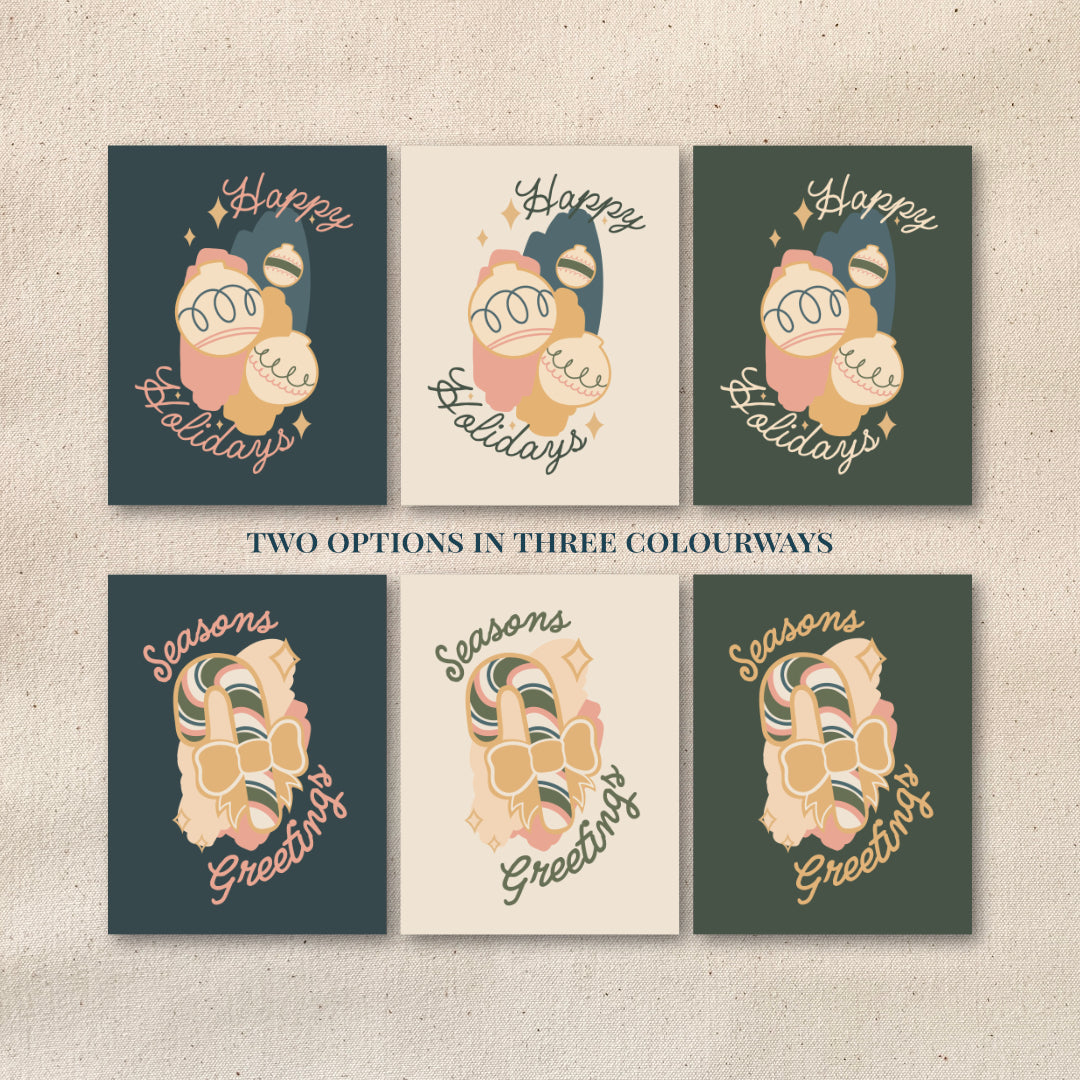 Set of six Christmas-themed cards with ornament and candy cane illustrations and text ("happy holidays" and "season's greetings") on a textured beige background.