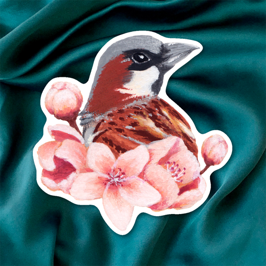 Sticker of a bird surrounded by pink flowers on a beige background