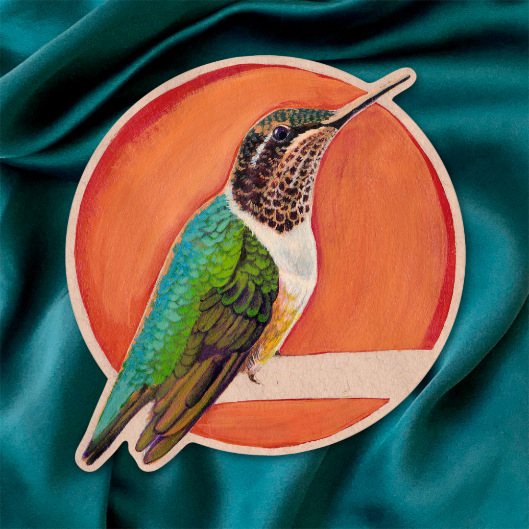 Colorful hummingbird illustration on a textured fabric background.