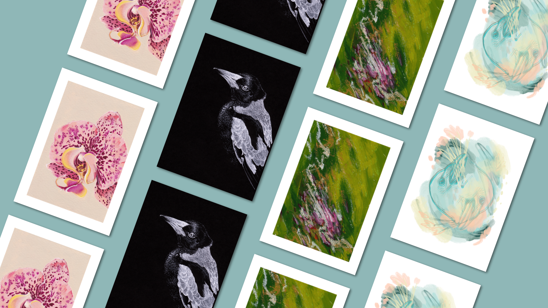 Collage of various nature themed art prints on a light blue background.